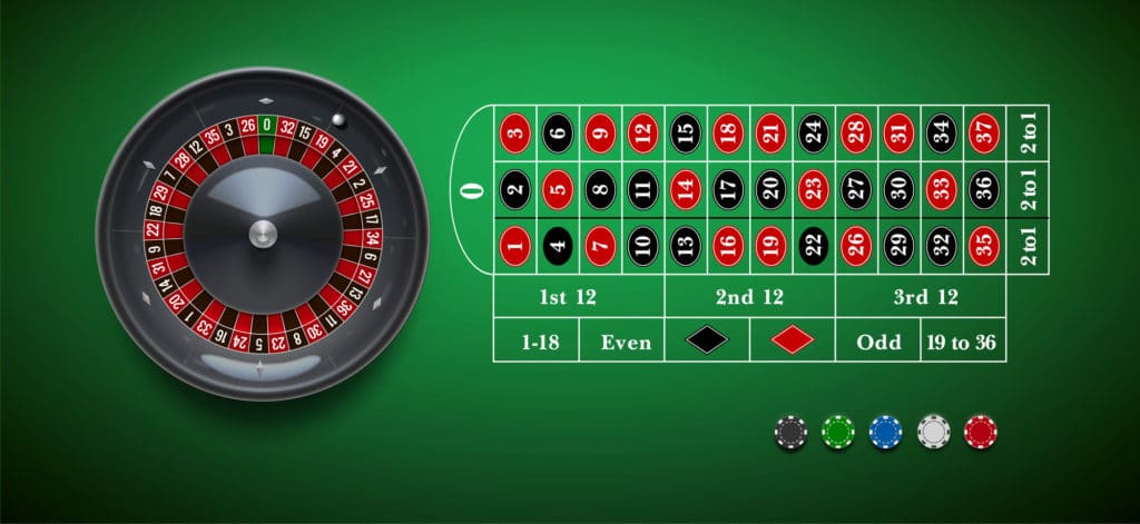 casino roulette wheel with chips isolated on green table reali